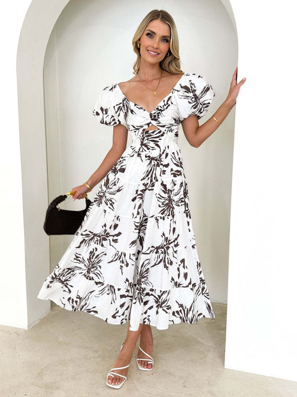 Floral Print Maxi Dress with Puff Sleeves and Cut-Out Detail Maxi Dresses MyDresses Black 8 | S 