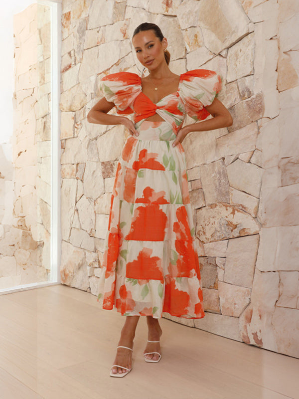 Floral Print Maxi Dress with Puff Sleeves and Cut-Out Detail Maxi Dresses MyDresses Orange 8 | S 