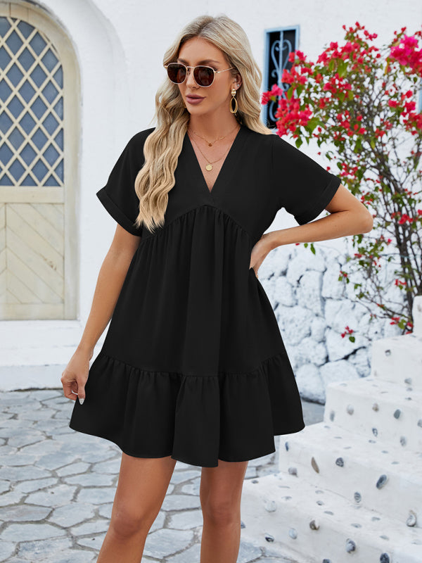 V-Neck Pleated Dress with Ruffled Hem and Short Sleeves Mini Dresses MyDresses 