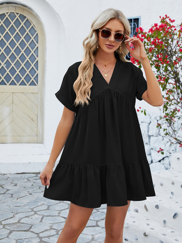 V-Neck Pleated Dress with Ruffled Hem and Short Sleeves Mini Dresses MyDresses 