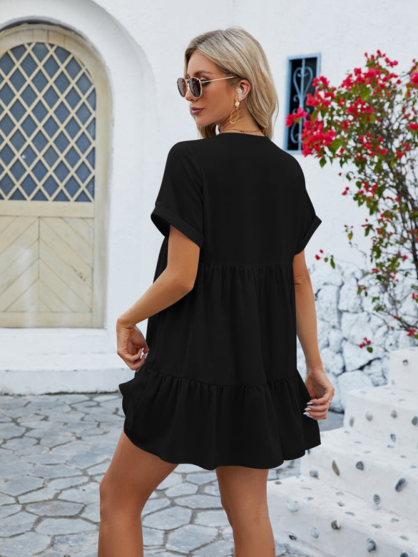 V-Neck Pleated Dress with Ruffled Hem and Short Sleeves Mini Dresses MyDresses 