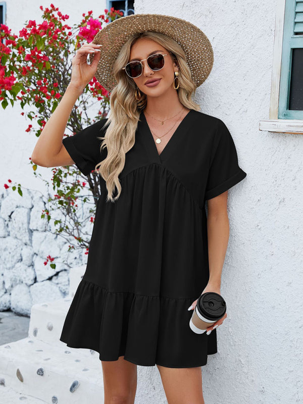 V-Neck Pleated Dress with Ruffled Hem and Short Sleeves Mini Dresses MyDresses Black 8 | S 