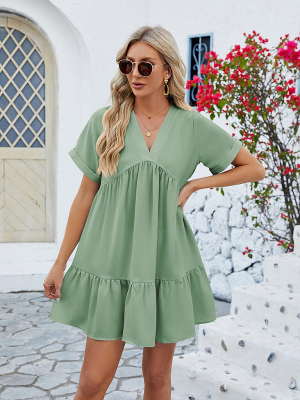 V-Neck Pleated Dress with Ruffled Hem and Short Sleeves Mini Dresses MyDresses 