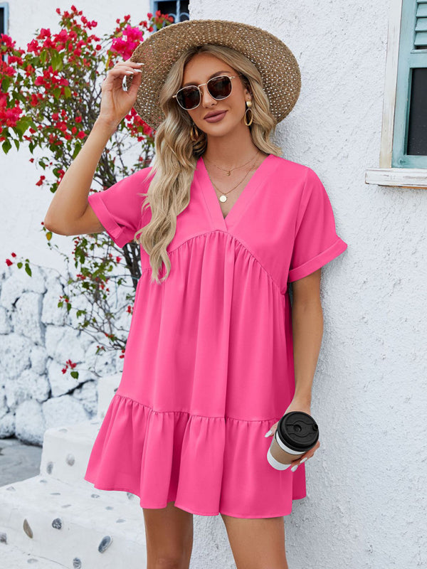V-Neck Pleated Dress with Ruffled Hem and Short Sleeves Mini Dresses MyDresses Rose 8 | S 