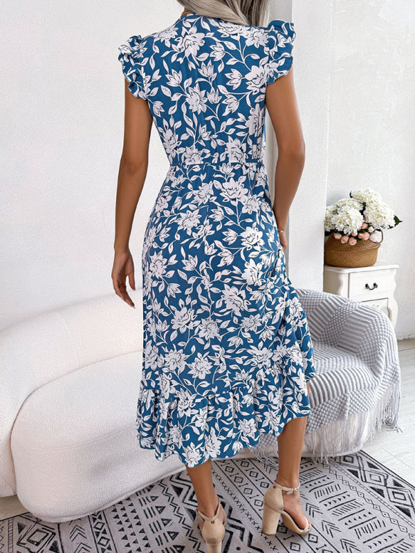 Floral Print V-Neck Midi Dress with Ruffled Sleeves and Waistband Midi Dresses MyDresses 