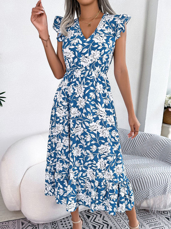 Floral Print V-Neck Midi Dress with Ruffled Sleeves and Waistband Midi Dresses MyDresses 
