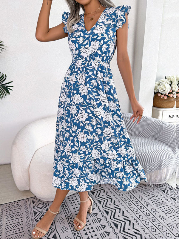 Floral Print V-Neck Midi Dress with Ruffled Sleeves and Waistband Midi Dresses MyDresses Blue 8 | S 