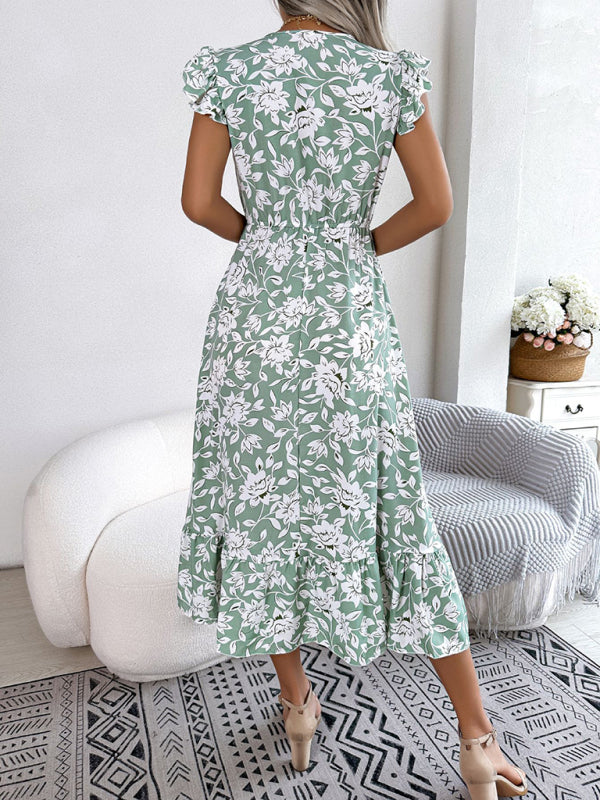 Floral Print V-Neck Midi Dress with Ruffled Sleeves and Waistband Midi Dresses MyDresses 