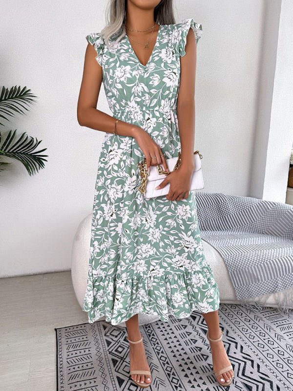 Floral Print V-Neck Midi Dress with Ruffled Sleeves and Waistband Midi Dresses MyDresses 