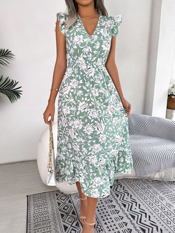 Floral Print V-Neck Midi Dress with Ruffled Sleeves and Waistband Midi Dresses MyDresses Green 8 | S 
