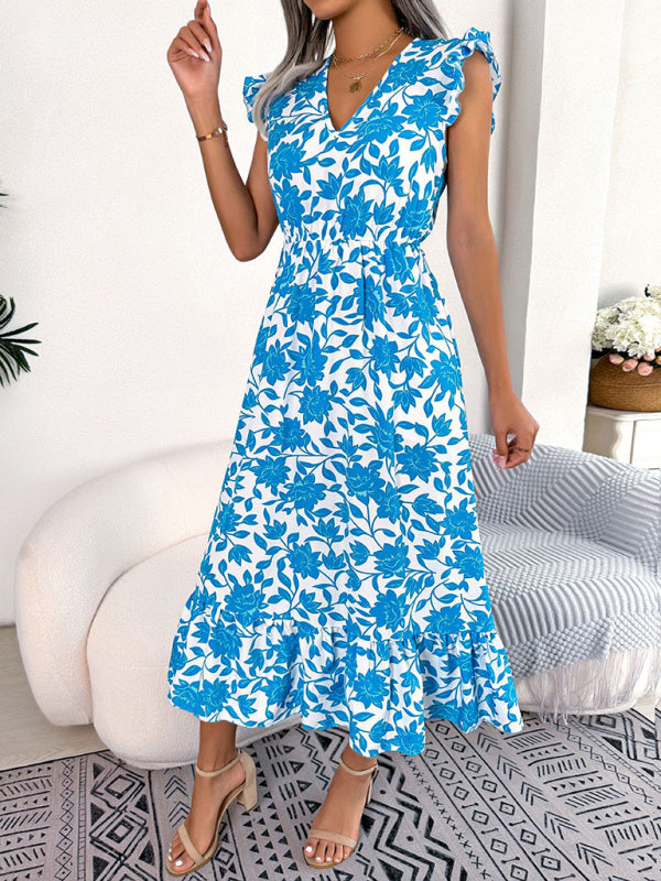Floral Print V-Neck Midi Dress with Ruffled Sleeves and Waistband Midi Dresses MyDresses 