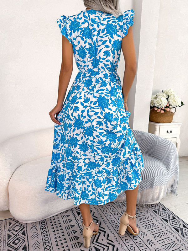 Floral Print V-Neck Midi Dress with Ruffled Sleeves and Waistband Midi Dresses MyDresses 
