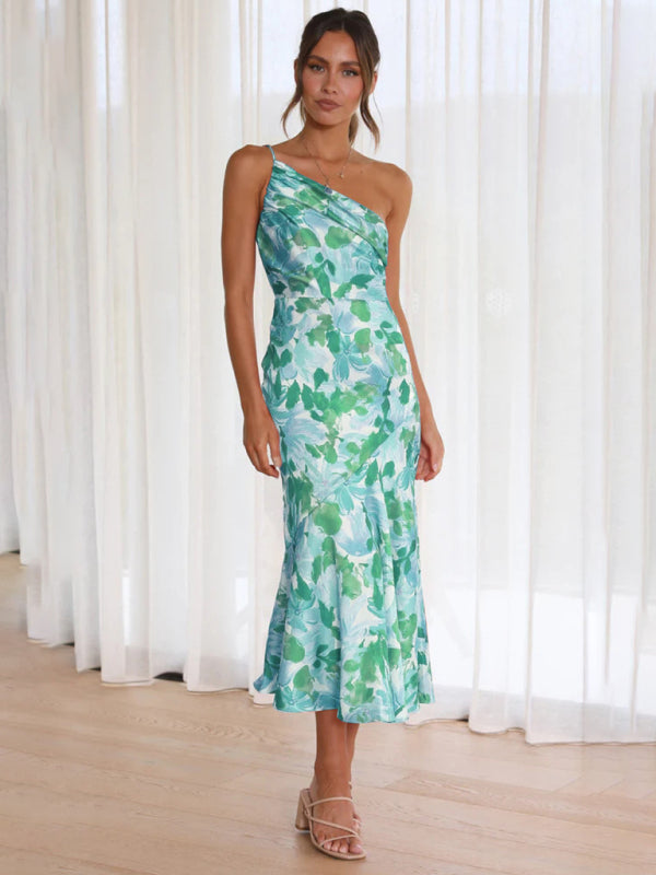 Asymmetrical Neckline Floral Print Midi Dress with Fishtail Hem Midi Dresses MyDresses 