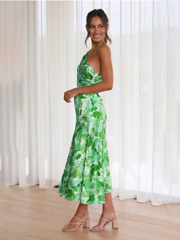 Asymmetrical Neckline Floral Print Midi Dress with Fishtail Hem Midi Dresses MyDresses 