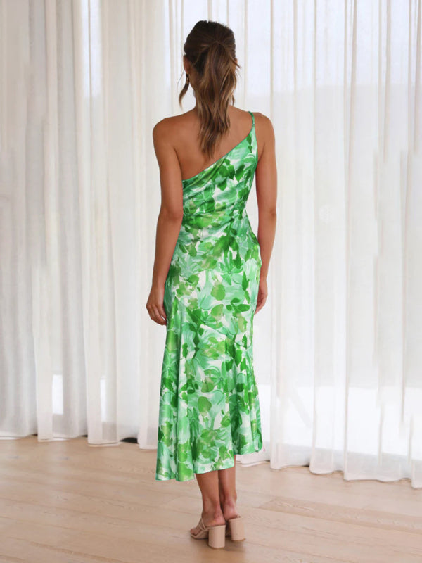 Asymmetrical Neckline Floral Print Midi Dress with Fishtail Hem Midi Dresses MyDresses 