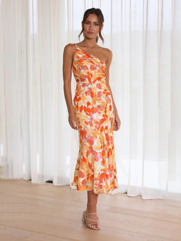 Asymmetrical Neckline Floral Print Midi Dress with Fishtail Hem Midi Dresses MyDresses 