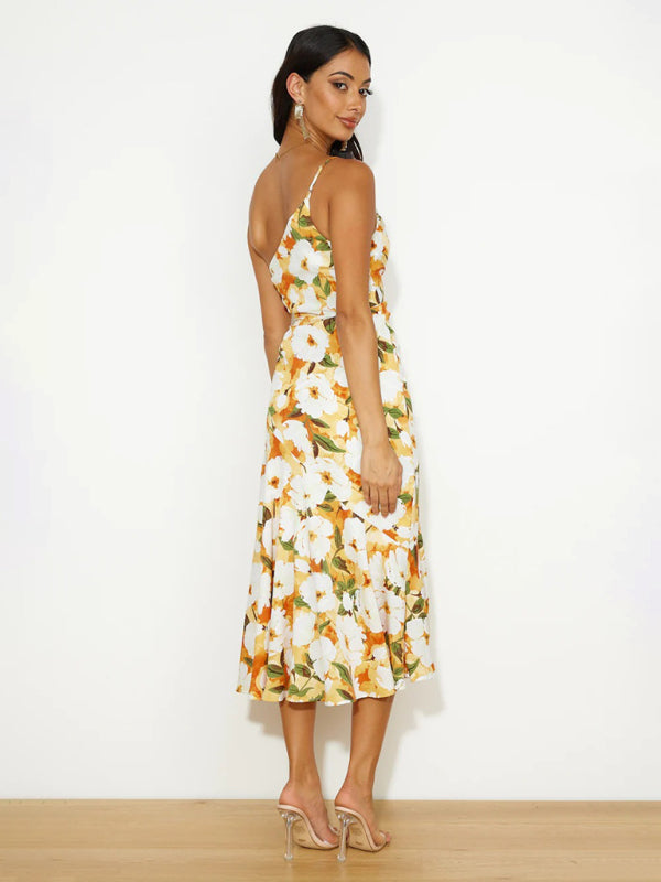 Asymmetrical Neckline Floral Print Midi Dress with Fishtail Hem Midi Dresses MyDresses 