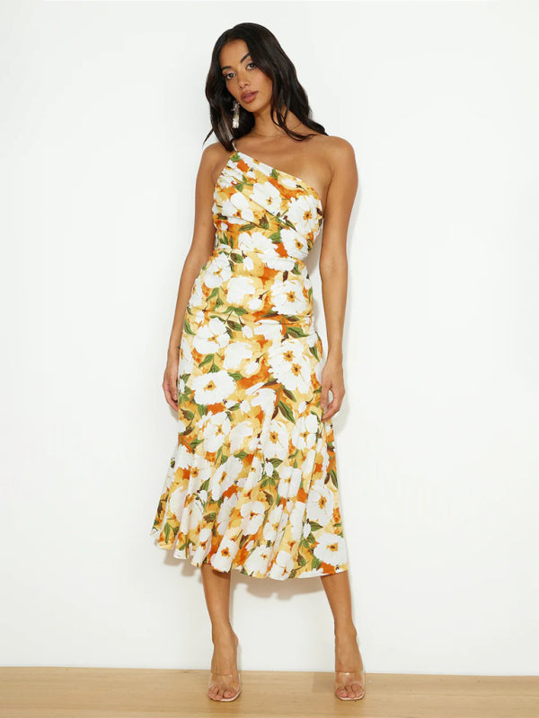 Asymmetrical Neckline Floral Print Midi Dress with Fishtail Hem Midi Dresses MyDresses 