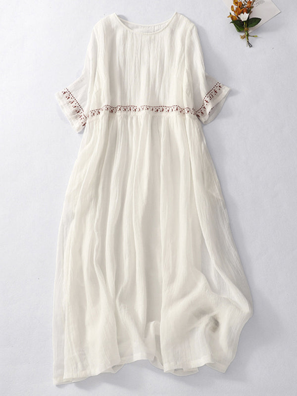 Embroidered Maxi Dress with Loose Fit and Large Hem Maxi Dresses MyDresses White 10 | M 