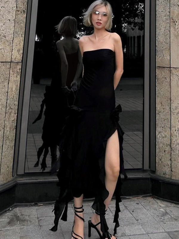 Strapless Maxi Dress with High Leg Slit and Ruffled Lace Detailing Group2 MyDresses