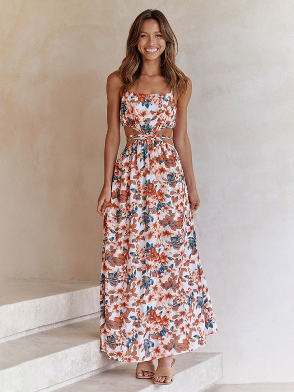 Floral Print Maxi Dress with Waist Tie and Hollow Cut-Out Maxi Dresses MyDresses Brown 8 | S 