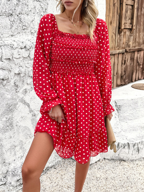 Off-Shoulder Mini Dress with Polka Dots and Smocked Bodice Mini Dresses MyDresses 