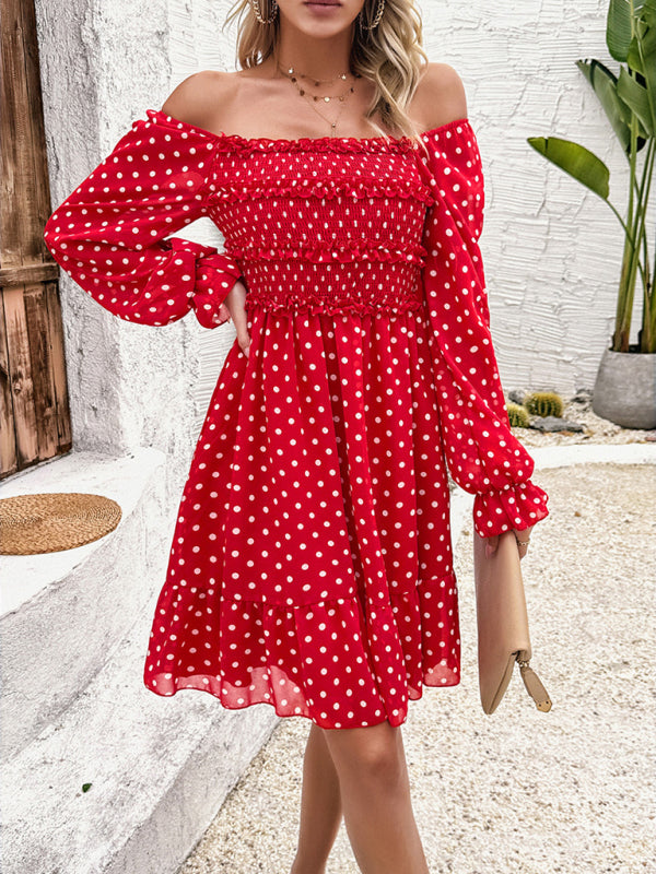 Off-Shoulder Mini Dress with Polka Dots and Smocked Bodice Mini Dresses MyDresses Red 8 | S 