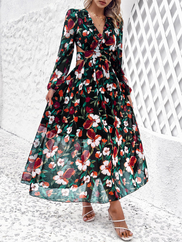 Floral Print Maxi Dress with V-Neck and Ruffled Waist Maxi Dresses MyDresses Black 8 | S 