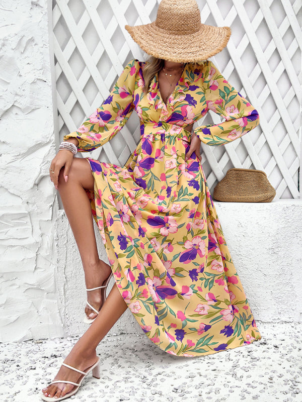 Floral Print Maxi Dress with V-Neck and Ruffled Waist Maxi Dresses MyDresses 