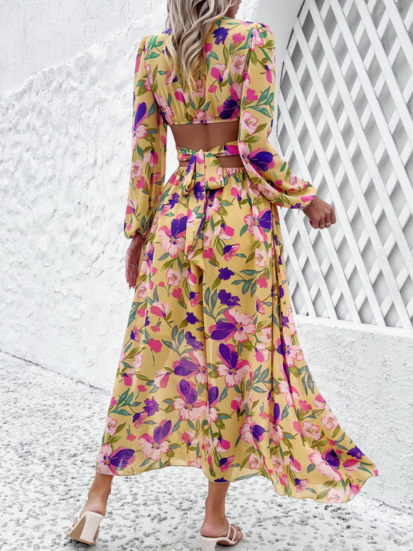Floral Print Maxi Dress with V-Neck and Ruffled Waist Maxi Dresses MyDresses 