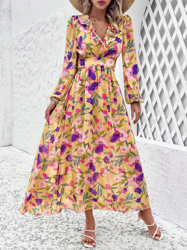 Floral Print Maxi Dress with V-Neck and Ruffled Waist Maxi Dresses MyDresses Yellow 8 | S 