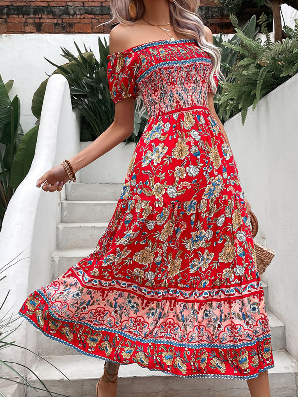Off-Shoulder Maxi Dress with Floral Print and Smocked Bodice Group3 MyDresses Red 8 | S