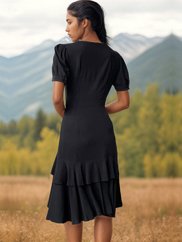 Asymmetrical Hem Wrap-Style Dress with Ruffle Layers Midi Dresses MyDresses 