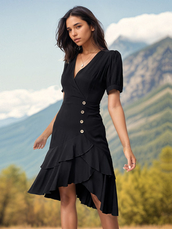 Asymmetrical Hem Wrap-Style Dress with Ruffle Layers Midi Dresses MyDresses 
