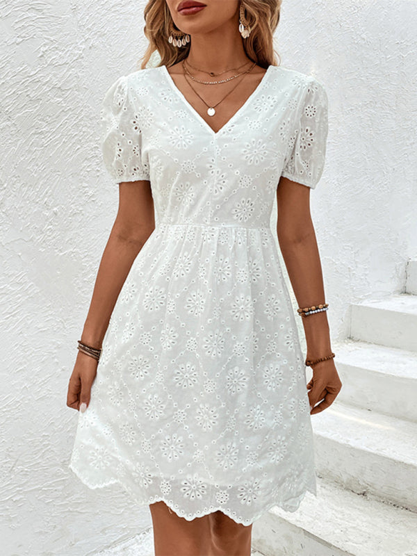 Eyelet Mini Dress with V-Neck and Puff Sleeves Mini Dresses MyDresses 