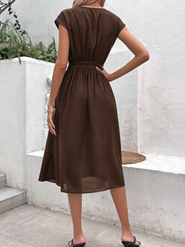 Strappy Back Midi Dress with V-Neck and Waist Tie Midi Dresses MyDresses 