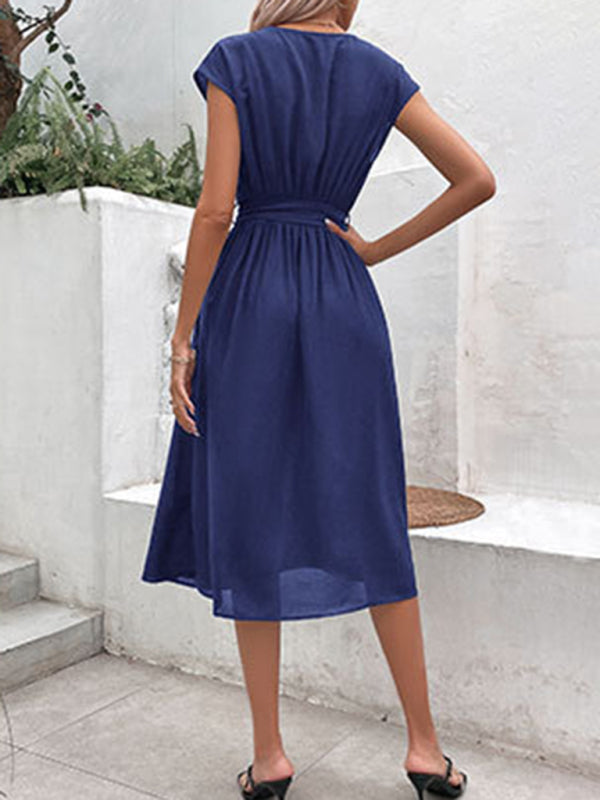 Strappy Back Midi Dress with V-Neck and Waist Tie Midi Dresses MyDresses 