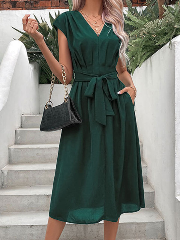 Strappy Back Midi Dress with V-Neck and Waist Tie Midi Dresses MyDresses 