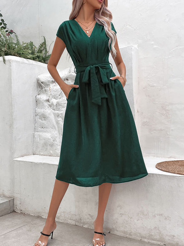 Strappy Back Midi Dress with V-Neck and Waist Tie Midi Dresses MyDresses 
