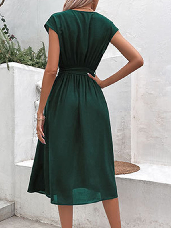 Strappy Back Midi Dress with V-Neck and Waist Tie Midi Dresses MyDresses 