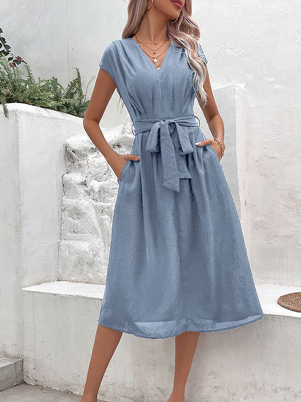 Strappy Back Midi Dress with V-Neck and Waist Tie Midi Dresses MyDresses 