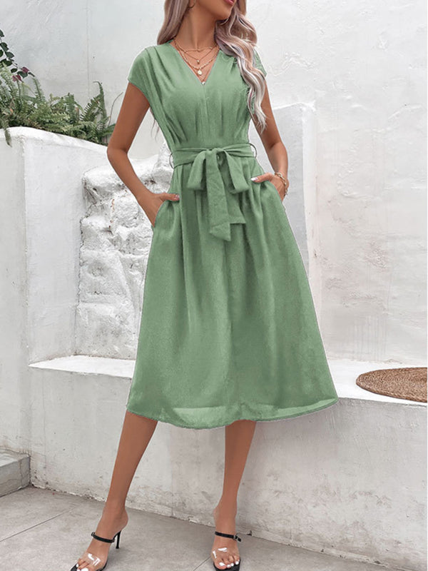 Strappy Back Midi Dress with V-Neck and Waist Tie Midi Dresses MyDresses 