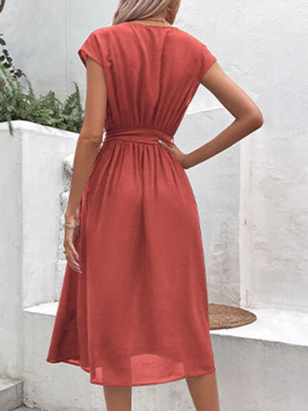 Strappy Back Midi Dress with V-Neck and Waist Tie Midi Dresses MyDresses 
