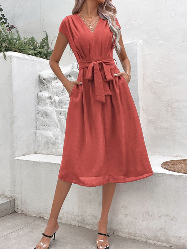Strappy Back Midi Dress with V-Neck and Waist Tie Midi Dresses MyDresses 