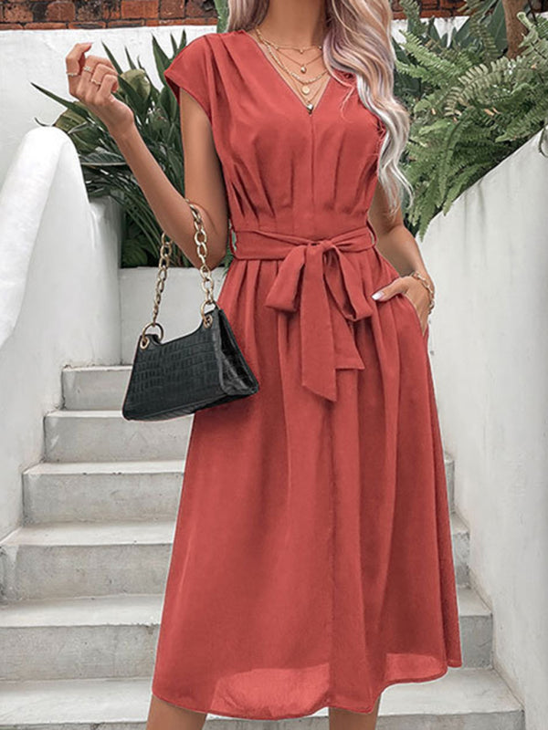 Strappy Back Midi Dress with V-Neck and Waist Tie Midi Dresses MyDresses Orange Red 8 | S 