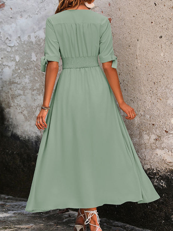 V-Neck Midi Dress with Smocked Waist and Button-Down Front Midi Dresses MyDresses 