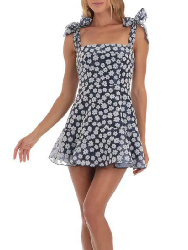 Floral Mesh Mini Dress with Bow Tie Shoulder Straps Mini Dresses MyDresses Blue 8 | S 