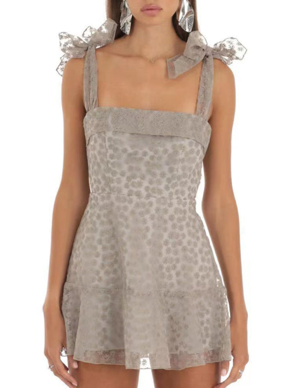 Floral Mesh Mini Dress with Bow Tie Shoulder Straps Mini Dresses MyDresses Grey 8 | S 