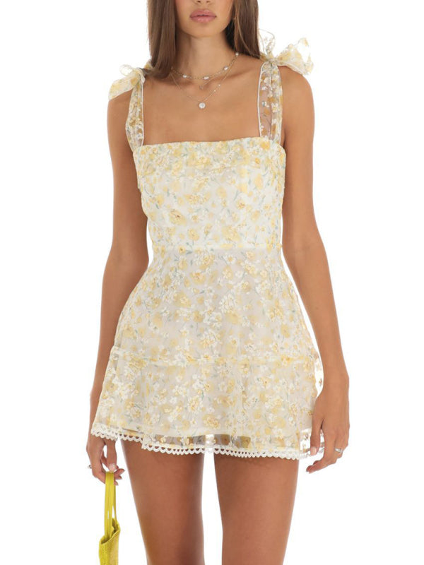 Floral Mesh Mini Dress with Bow Tie Shoulder Straps Mini Dresses MyDresses Light Yellow 8 | S 