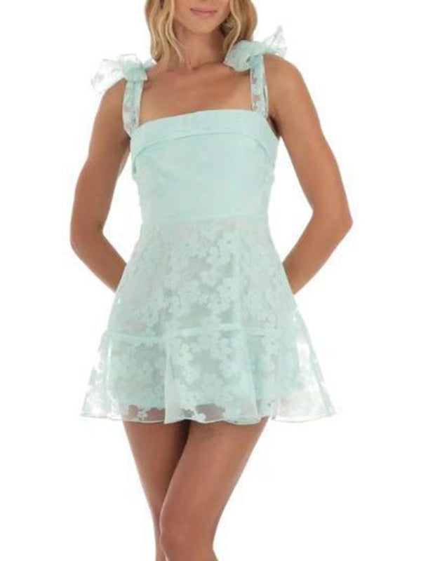 Floral Mesh Mini Dress with Bow Tie Shoulder Straps Mini Dresses MyDresses Mint Green 8 | S 